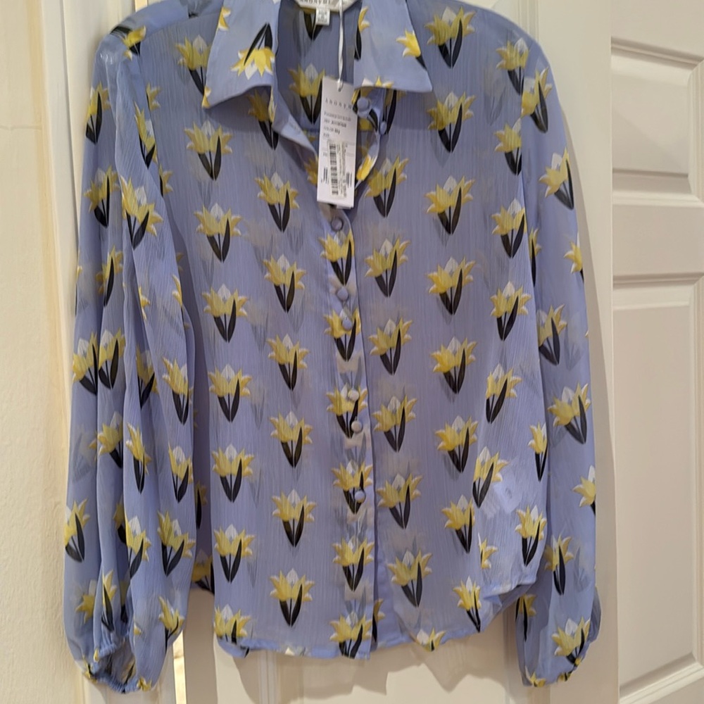Sheer floral blouse, size M, blue/yellow flowers, Anonyme, NWT